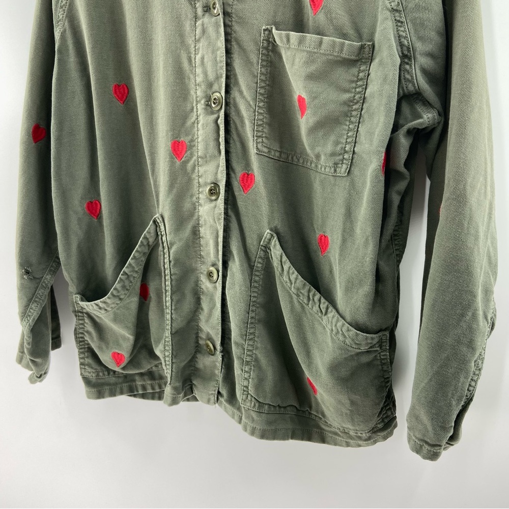THE GREAT. Olive Green Utility Jacket with Red Heart Embroidery - Picture 4 of 9
